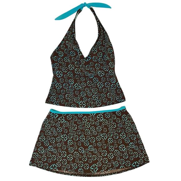 Athleta Halter Tankini Swim Skirt Two-Piece Set M/L Brown Teal Full Coverage - Picture 1 of 14